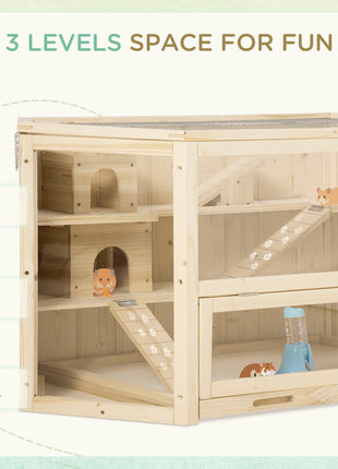 Wooden Large Hamster Cage Small Animal Exercise Play House 3 Tier with Tray, Seesaws, Water Bottle, Activity Center, Natural