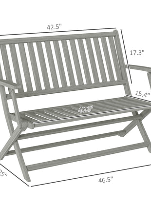 2-Person Foldable Wood Outdoor Bench with Backrest and Armrests for Garden, Porch, Park, Balcony, Gray