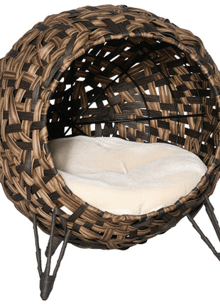 20.5" Weaved Cat Bed, Elevated Hand-woven Braided Banana Leaf Kitten House Condo with Cushion, Brown