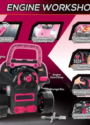 Mechanic Kids Truck Engine Toy Set, Car Service Play Set, Pink