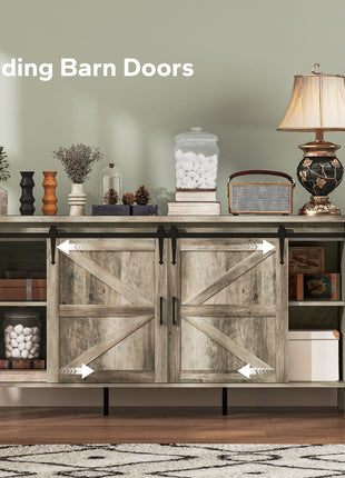 59" Buffet Cabinet, Farmhouse Sideboard with Thick Top, 2 Barn Doors, 4 Drawers and 2 Adjustable Shelves, Gray Wash