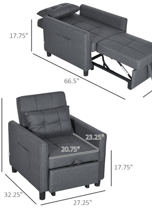 3-in-1 Convertible Chair Bed, Multi-Functional Single Sofa Bed, Pull Out Sleeper Chair with Adjustable Backrest, Pillow, and Pockets, Gray