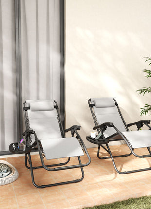 Zero Gravity Lounge Chair Set, 2 Pieces Reclining Folding Outdoor Lounge Chairs with Headrest Side Tray, Light Gray