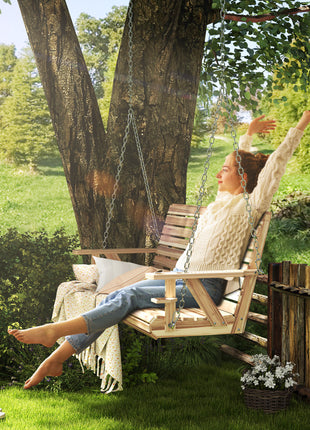 3-Seater Swing Bench, Wooden Porch Swing with Cupholders, Hanging Chains for Patio Garden, Nature Wood