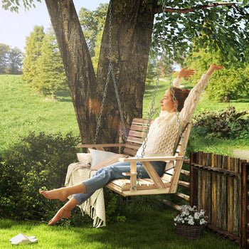 3-Seater Swing Bench, Wooden Porch Swing with Cupholders, Hanging Chains for Patio Garden, Nature Wood