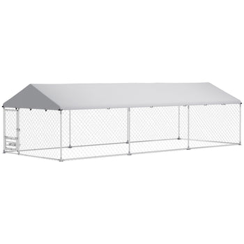 Outdoor Dog Kennel with Adjustable & Rotatable Bowl Rack, Waterproof Cover, Secure Lock, 19.7' x 7.5' x 5.2'