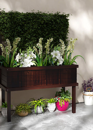 Elevated Wood Planter with Trellis for Climbing Plants, Raised Garden Bed with Legs and Drainage Holes, Carbonized