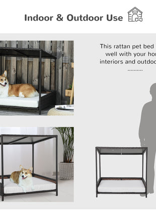 Wicker Dog House Raised Rattan Puppy Bed Cat Shelter for Indoor Outdoor Garden Patio Pet Sofa with Removable Cushion for Medium Sized Pet Brown