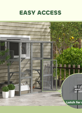 Catio Outdoor Cat Enclosure, Window Box Wooden Cat House with Bridge Platforms, Gray