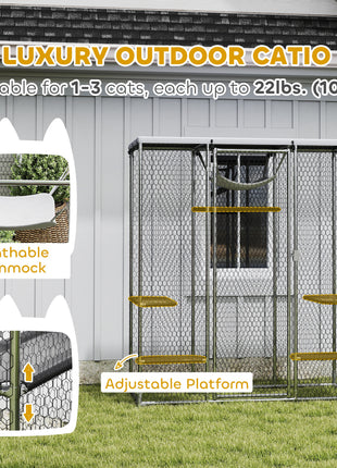 Catio Outdoor Cat Enclosure, Galvanized Steel Walk-in Cat Cage with Waterproof Cover, 5 Adjustable Platforms, Hammock