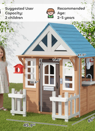 Wooden Kids Playhouse with Pet Door, Play Kitchen, Mailbox, Doorbell, Birdhouse, Fence and Windows for Pretend Play
