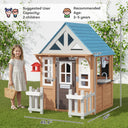 Wooden Kids Playhouse with Pet Door, Play Kitchen, Mailbox, Doorbell, Birdhouse, Fence and Windows for Pretend Play