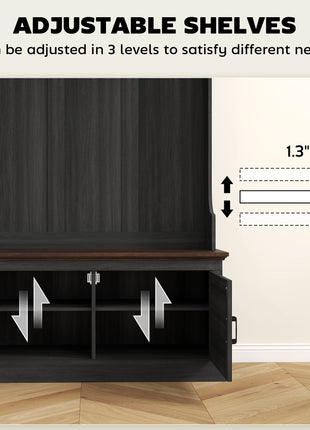 3-in-1 Hall Tree with Shoe Storage, Coat Rack with Bench, Entryway Furniture with Five Hooks, Black Wood Grain