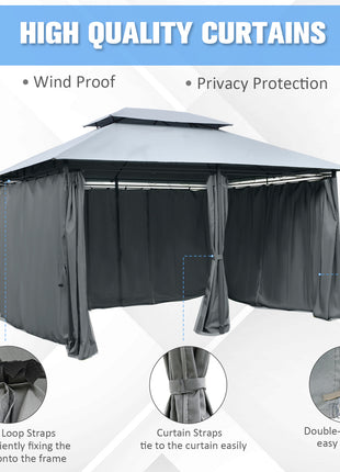 10' x 13' Outdoor Soft Top Gazebo Pergola with Curtains, 2-Tier Steel Frame Gazebo for Patio, Sage Gray