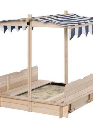 Covered Sandbox, Wooden，with Cover Adjustable Canopy, Detachable Seats and Backrests, Kids Sandbox with Convertible Bench Seat, Bottom Liner, Natural Blue