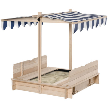 Covered Sandbox, Wooden，with Cover Adjustable Canopy, Detachable Seats and Backrests, Kids Sandbox with Convertible Bench Seat, Bottom Liner, Natural Blue