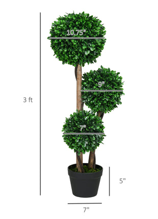 3ft Artificial Tree, Triple Ball Boxwood Topiary with Pot and Sandalwood Leaves, for Indoor Outdoor Home