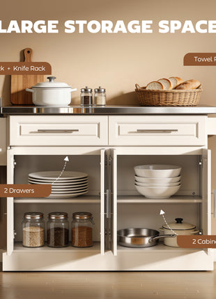 Rolling Kitchen Island with Stainless Steel Top, 2 Drawers, Spice, Knife and Towel Rack and Cabinets, Cream White
