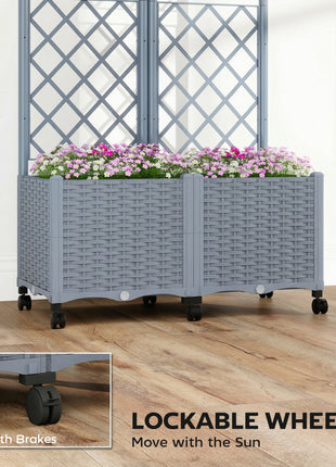 Planter Box with Trellis, Self Watering Raised Garden Bed with Lockable Wheels and Drainage Holes, Gray