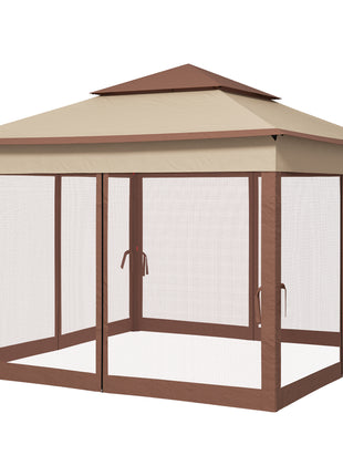 Outdoor Patio Pop Up Canopy Gazebo Shelter with Zipper Netting, Carry Bag, 11' x 11', Khaki