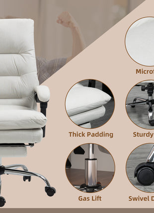 Microfibre Executive Massage Office Chair, Computer Desk Chair, Reclining Chair with Footrest, Double-tier Padding, Swivel Wheels, Cream White