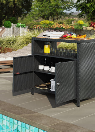 Outdoor Storage Cabinet with Acacia Wood Top, Two Doors, Shelf, Wicker Bar Table for Pool Towel Storage, Black