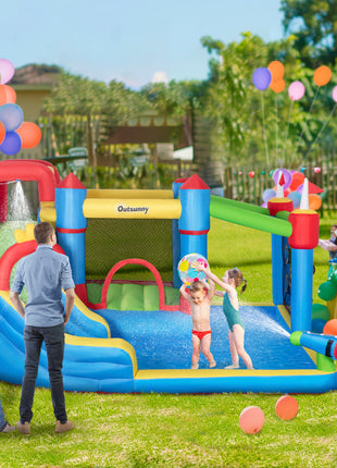 6-in-1 Inflatable Water Slide with Splash Pool, Slide, Climbing Wall, Water Cannon, Inflatable Bounce House for Kids with 2 Min. Inflation and Air Blower