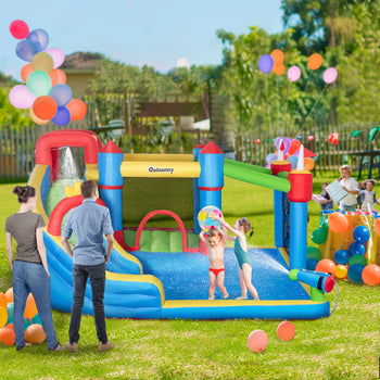 6-in-1 Inflatable Water Slide with Splash Pool, Slide, Climbing Wall, Water Cannon, Inflatable Bounce House for Kids with 2 Min. Inflation and Air Blower