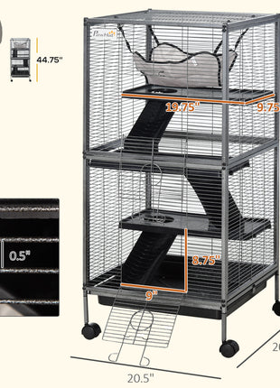 Metal Small Animal Cage Rolling Big Ferret Cage, Chinchilla Cage, Sugar Glider Cage, with Hammock & 4 Tiers, Removable Tray, Gray