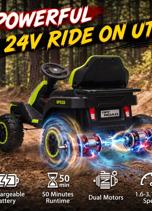 24V Kids Electric Ride On Car with Dual Motors, Remote Control, 4-Wheel Suspension, Soft Start for 3-6 Years, Green