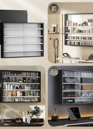5-Tier Display Cabinet, Wall-Mounted Display Case with 2 Glass Doors and Adjustable Shelves, Black