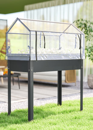 Elevated Garden Box with Greenhouse Cover, Raised Garden Bed with Legs and Drainage Hole for Vegetables, Dark Gray