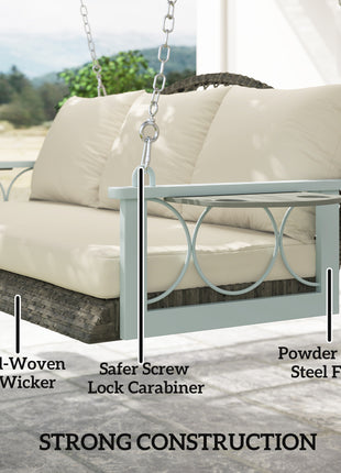 3 Person Wicker Hanging Outdoor Patio Porch Swing Bench with Cup Holders, Cushions, and Chains, Natural