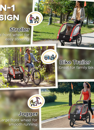 3-in-1 Bike Trailer for Kids, Running Stroller with 2 Seats, Jogging Cart with 5-Point Harness, Storage Units, Red