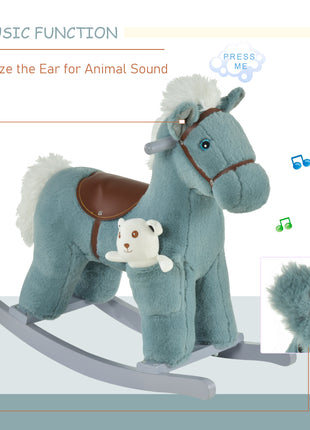 Kids Rocking Horse with Bear Toy, Plush Animal Rocker with Fun Realistic Sounds for Toddler 18-36 Months, Blue