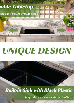 Outdoor Potting Bench Table, Wooden Workstation with Sliding Tabletop, Storage Shelf and Dry Sink, for Greenhouse, Garden, Patio, Natural