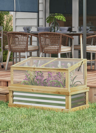 Raised Garden Flower Bed Kit with Lean-to Greenhouse, Wooden Cold Frame Planter, 41" x 22.5" x 28.25", Natural