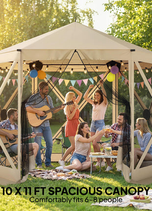 10 x 11 ft Pop Up Gazebo Screen Tent, Portable Instant Camping Canopy Screen House with Nettings, Carry Bag, Beige
