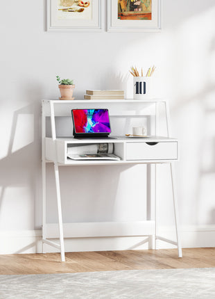 Home Office desk, Computer Desk for Small Spaces, Study Table with Drawer and Storage Shelves, White