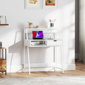 Home Office desk, Computer Desk for Small Spaces, Study Table with Drawer and Storage Shelves, White