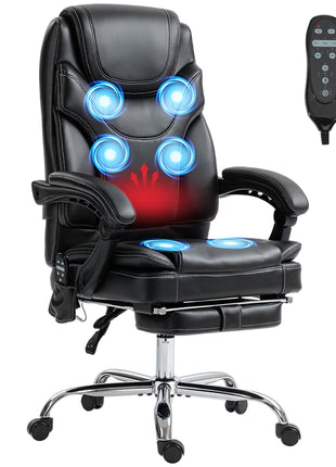 6 Point Vibration Massage Office Chair, PU Leather Heated Reclining Computer Chair with Footrest, Black
