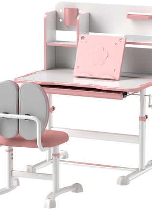 Height Adjustable Kids Desk and Chair Set for Writing Drawing w/ Tilt Desktop, Storage Drawer and Reading Rack, Pink