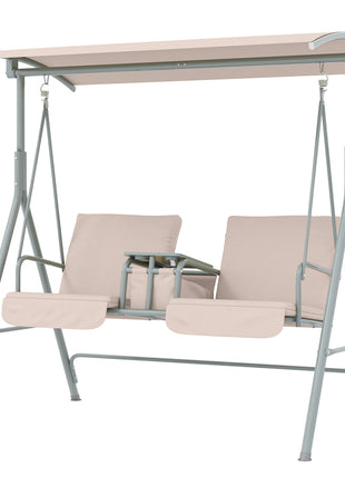 2-Seater Outdoor Porch Swing with Canopy and Table, Patio Swing Chair for Garden, Poolside, Backyard, Beige