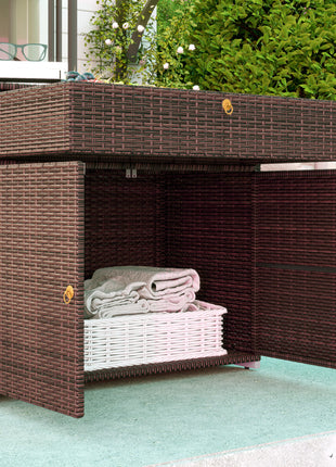Outdoor Storage Cabinet, Waterproof PE Rattan Cabinet with Drawer for Indoor, Outdoor Swimming Pool, Mixed Brown
