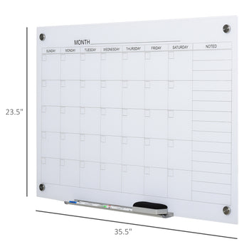 35"x23" Dry Erase Wall Calendar Glass Whiteboard Monthly Planner for Homeschool Supplies & Home Office Organization with 4 Markers and 1 Eraser,Frameless