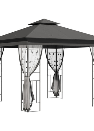  10' x 10' Metal Patio Gazebo, Double Roof Outdoor Gazebo Canopy Shelter with Tree Motifs Corner Frame and Netting, for Garden, Lawn, Backyard, and Deck, Gray