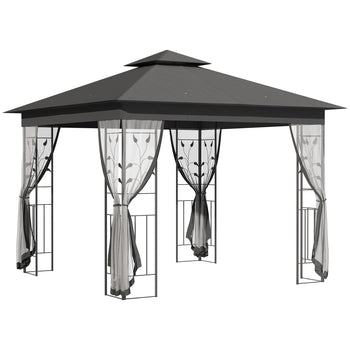  10' x 10' Metal Patio Gazebo, Double Roof Outdoor Gazebo Canopy Shelter with Tree Motifs Corner Frame and Netting, for Garden, Lawn, Backyard, and Deck, Gray