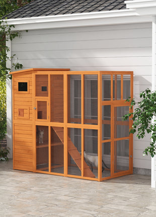 Wooden Outdoor Catio with Platforms, Asphalt Roof, Ramps, Natural
