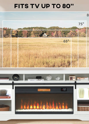 Fireplace TV Stand for TVs Up to 80 Inch, TV Console with Electric Fireplace, Open Storage and Side Cabinets, White