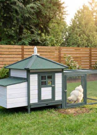 77" Wooden Chicken Coop Hen House Poultry Cage with Weatherproof Roof, Nesting Box, Enclosed Run and Removable Tray for Outdoor Backyard, Green